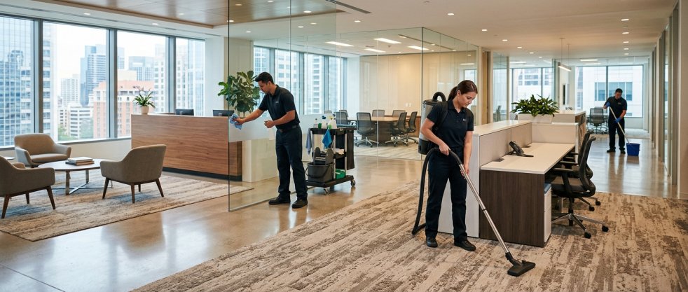 Commercial cleaning crew vacuuming carpets and sanitizing glass in a modern office lobby and workspace